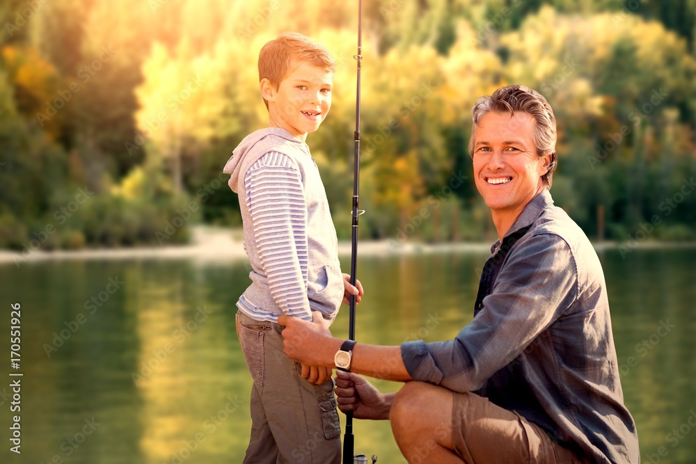 Composite image of father fishing with his son 