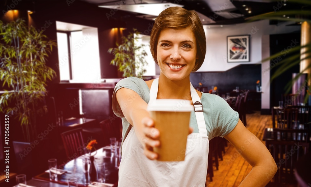 Composite image of waitress pointing away a cup of coffee