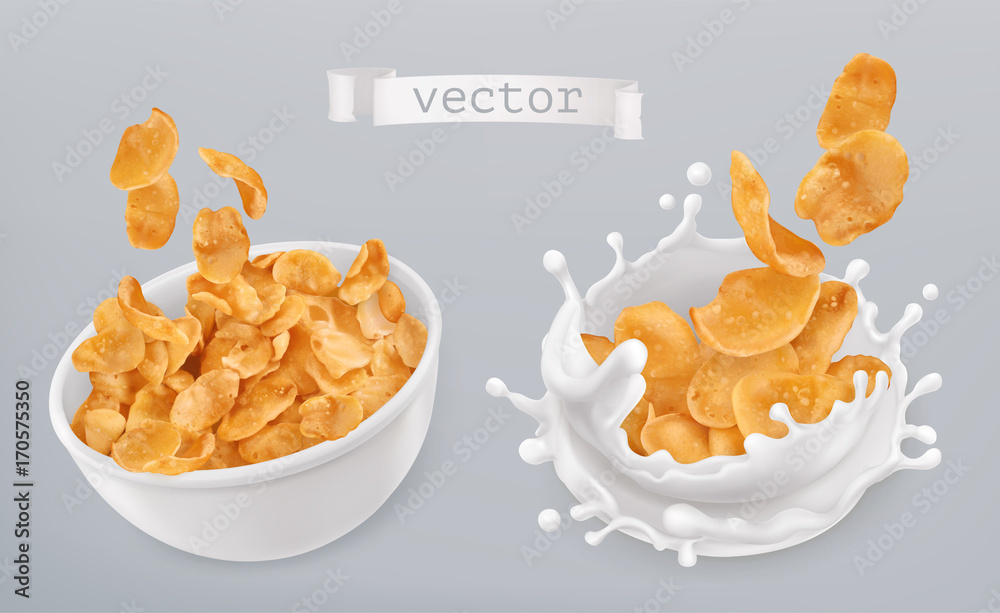 Corn flakes and milk splashes. 3d realistic vector icon set