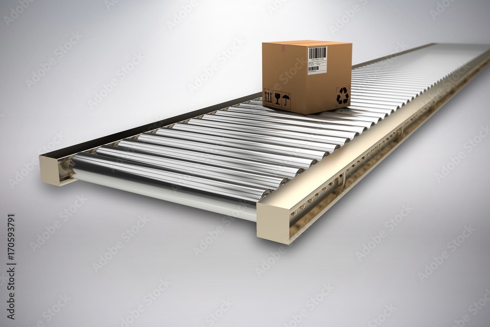 Composite image of packed cardboard box on production line