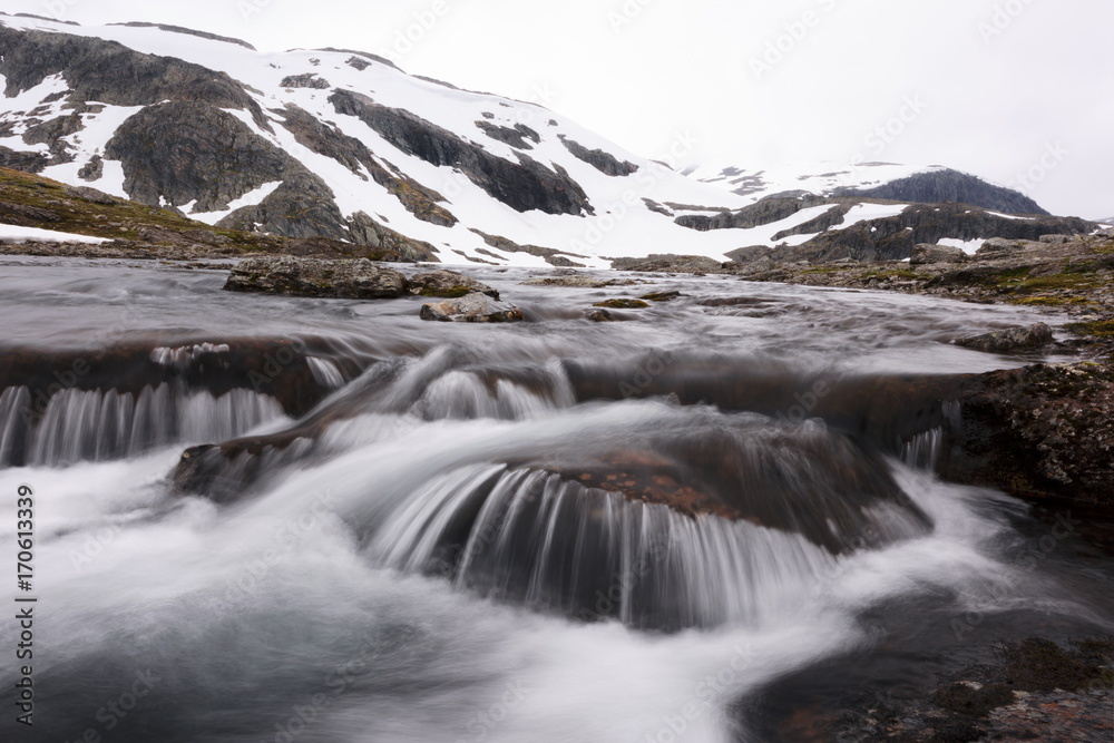 Typical norwegian landscape with snowy mountains