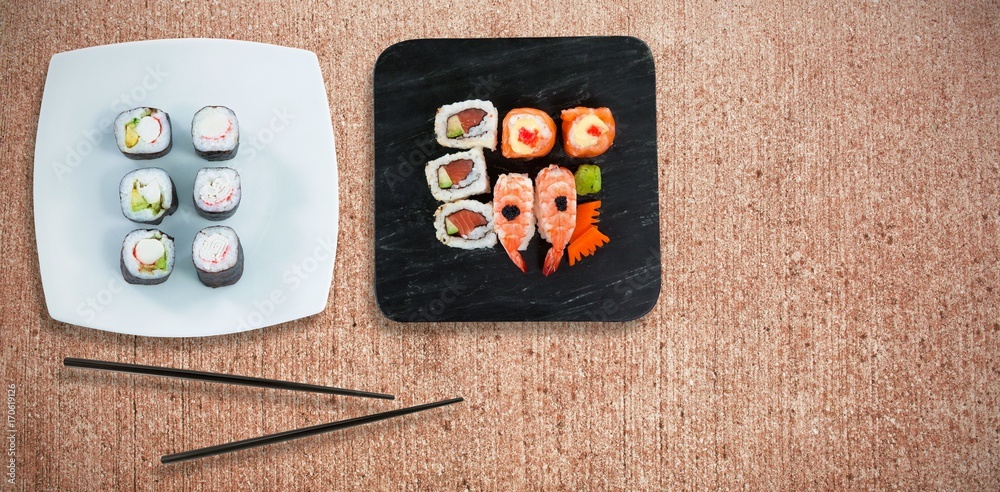 Composite image of overhead view of sushi and seafood served in