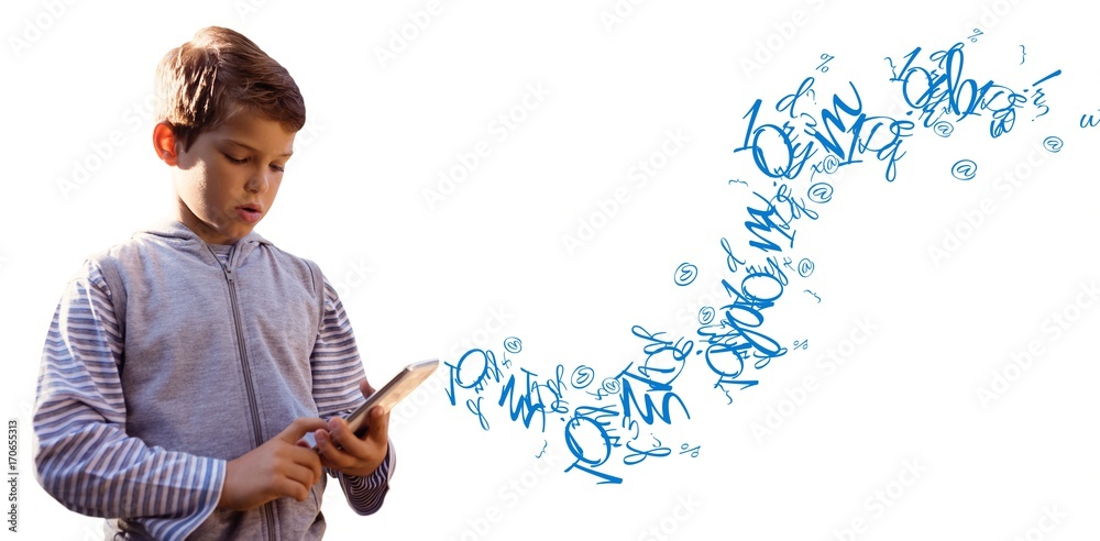 Composite image of boy using digital tablet