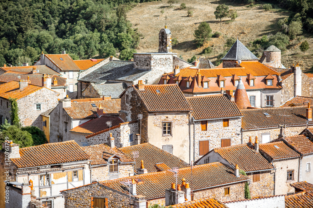 Top cityscape view on Blesle village during the sunset in Auvergne region, France