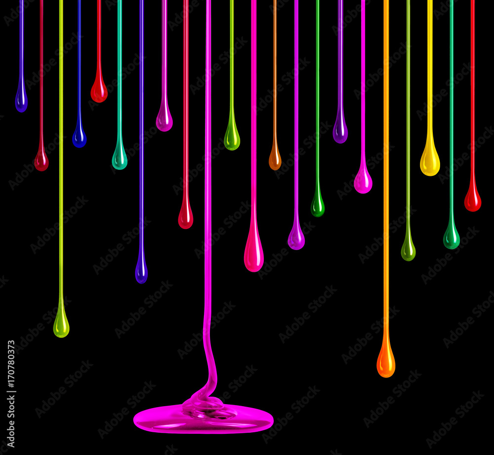 Streaks of multi-colored paint in the form of drops on black background