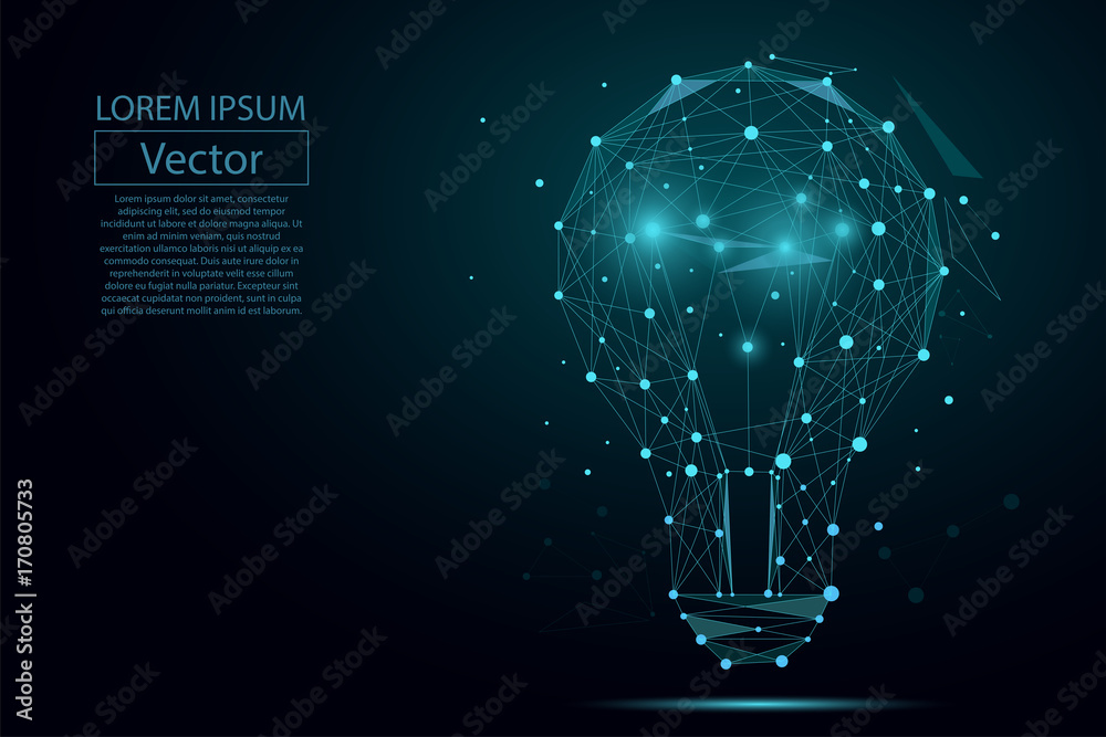 由点、线和形状组成的灯泡的抽象图像。矢量商业插图。
