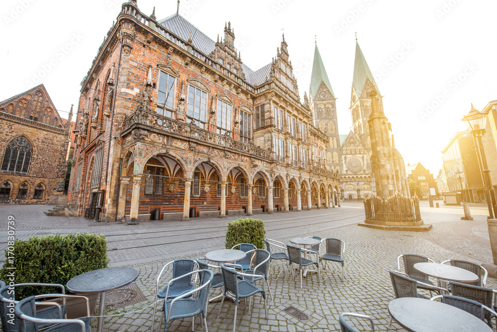 View on the Market square with city hall and Saint Peter cathedral during the morning light in Breme