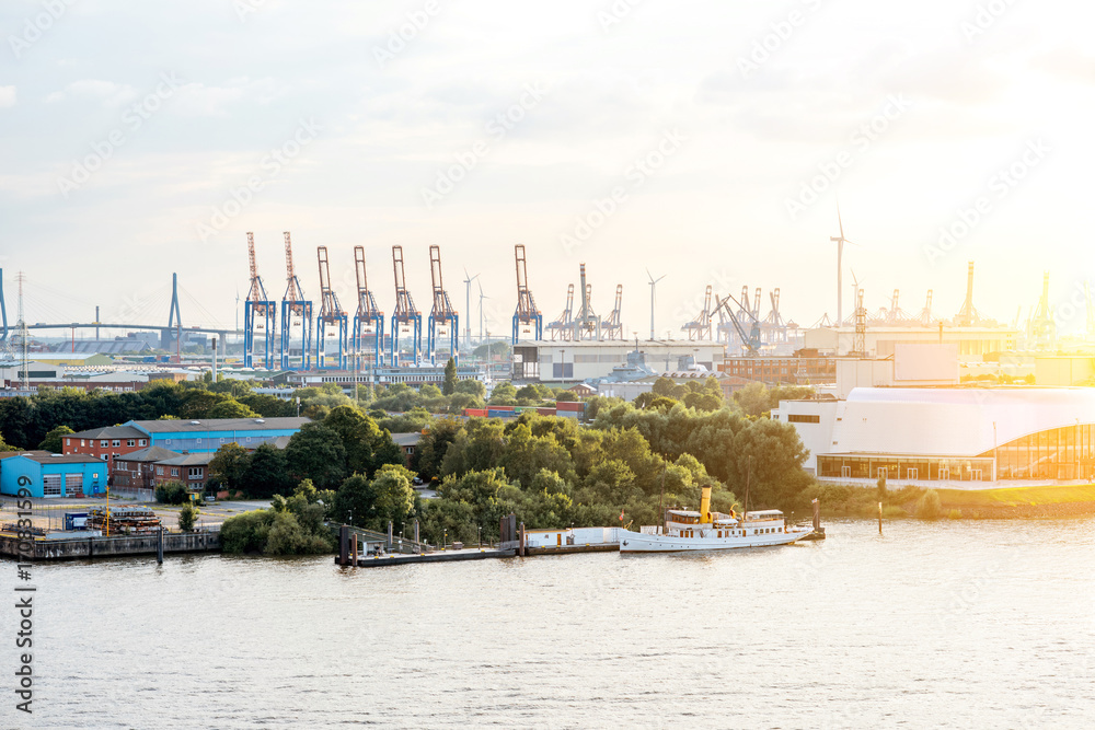 Top view on Elbe river with huge port of Hamburg city in Germany