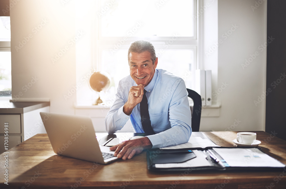 Smiling businessman working on a laptop at his office desk