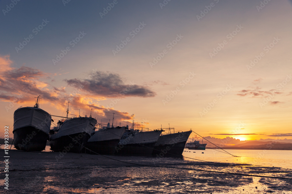 big transport boats in the morning sunrise.