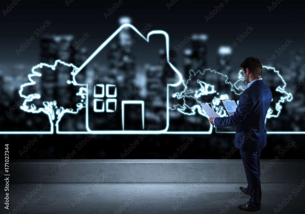 Businessman watching hand drawn lightbulb on a rooftop 3D rendering