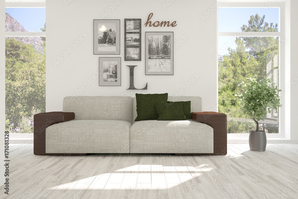 Idea of white room with sofa and summer landscape in window. Scandinavian interior design. 3D illust