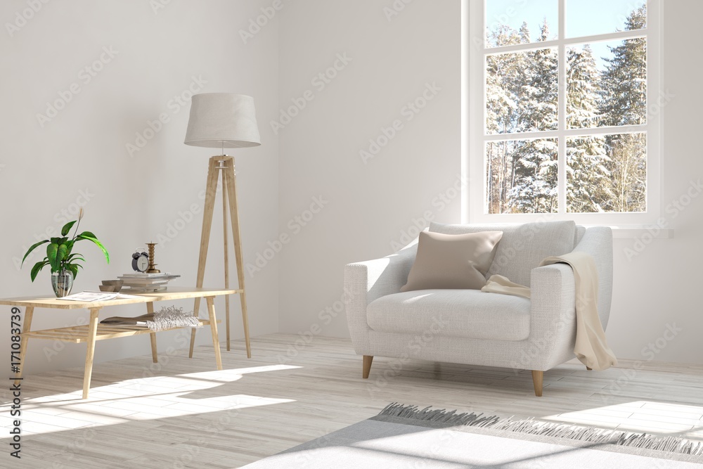 White modern room with armchair. Scandinavian interior design. 3D illustration