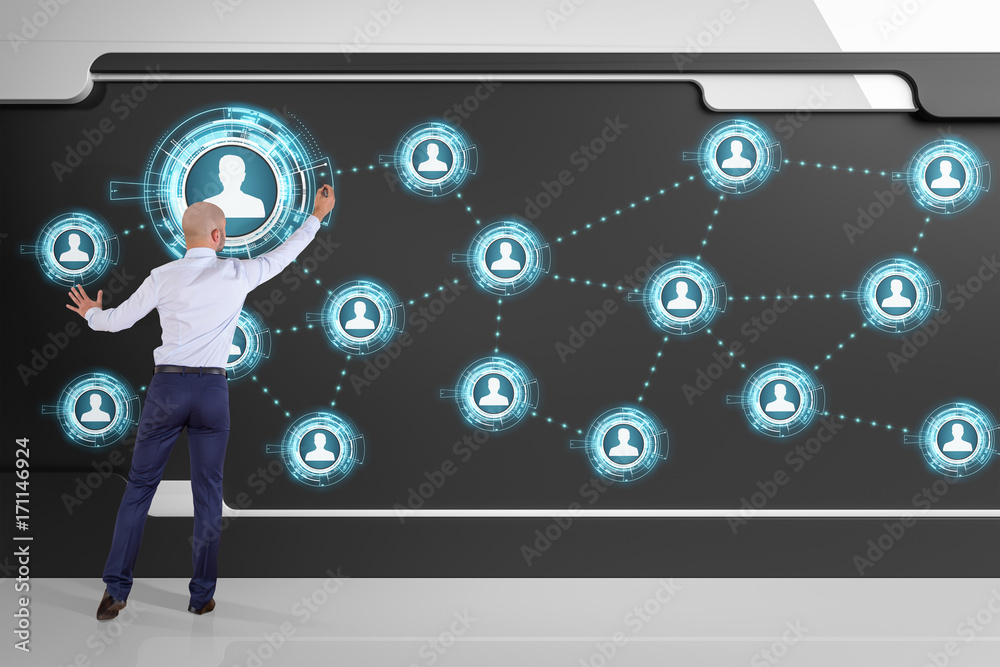 Businessman using social network interface on a board 3D rendering