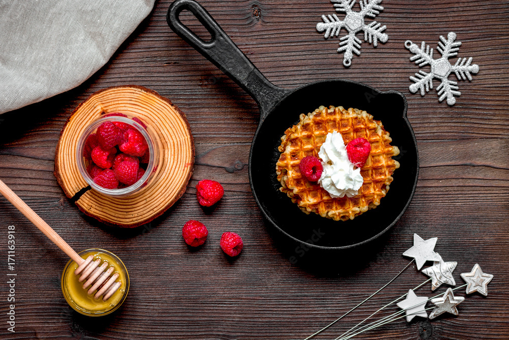 Christmas breakfast with waffles top view