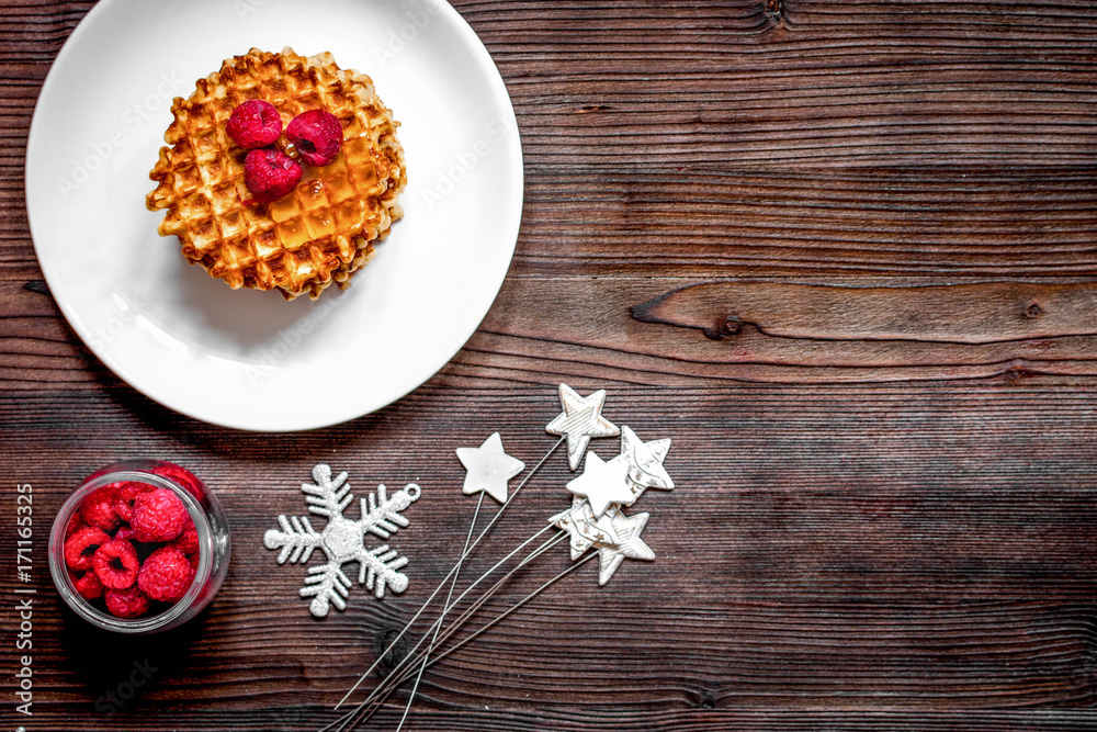 Christmas breakfast with waffles top view