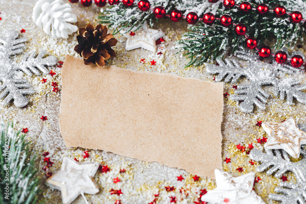 kraft paper and christmas tree decorations close up