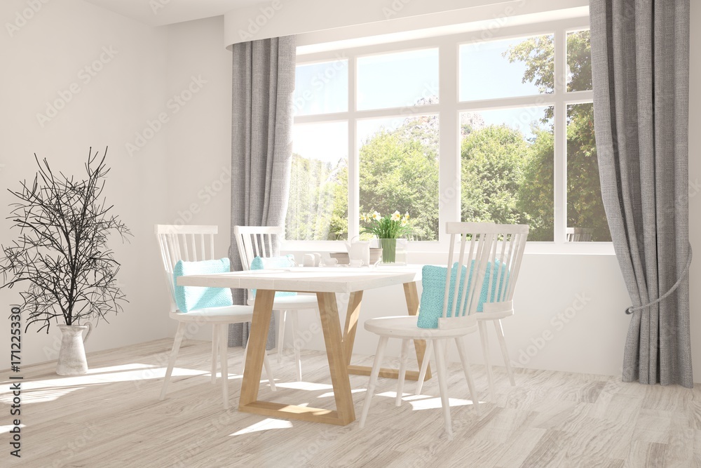 White dinner room with green landscape in window. Scandinavian interior design. 3D illustration