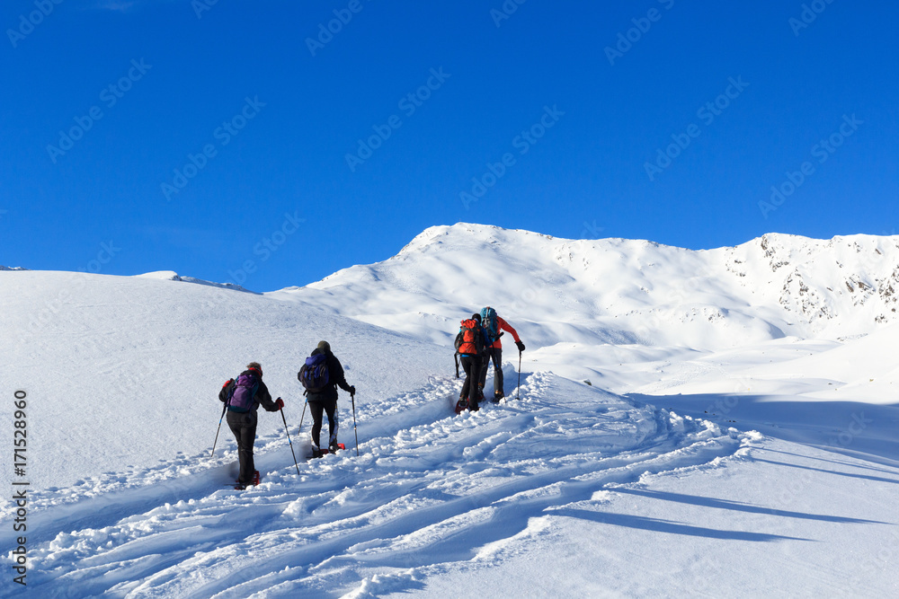 一群人穿着雪鞋徒步旅行，在奥地利斯塔拜阿尔卑斯山欣赏蓝天的山雪全景