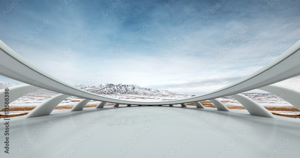 empty floor with white snow mountain in blue sky