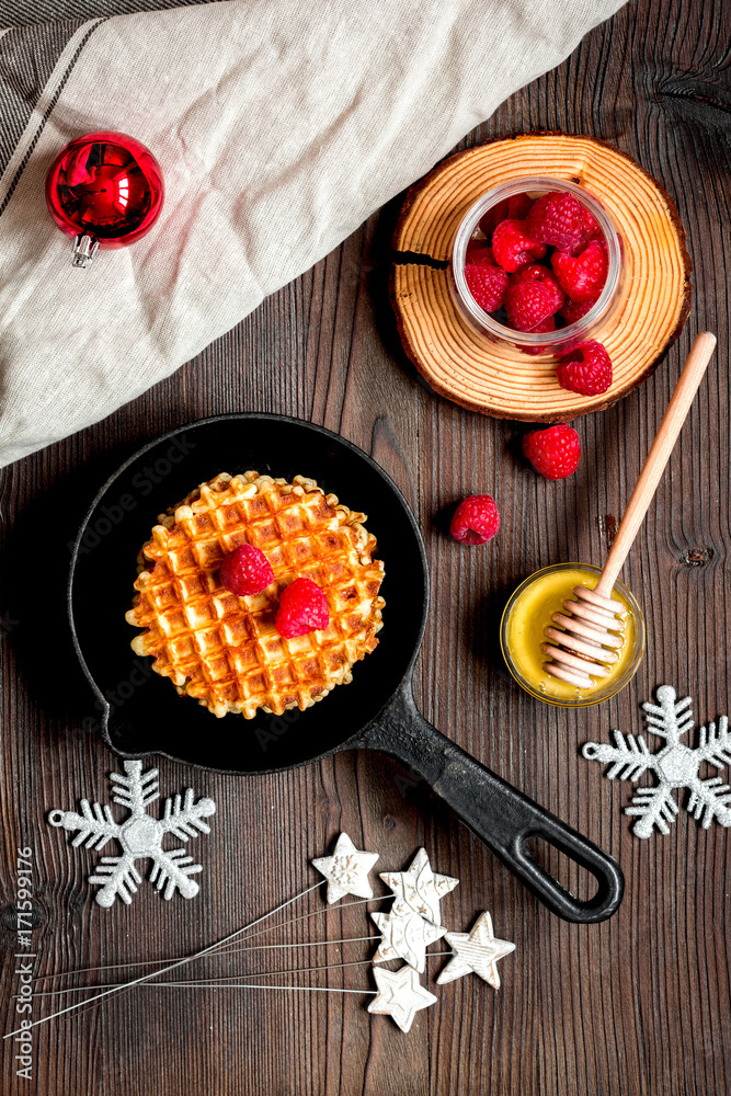 Christmas breakfast with waffles top view