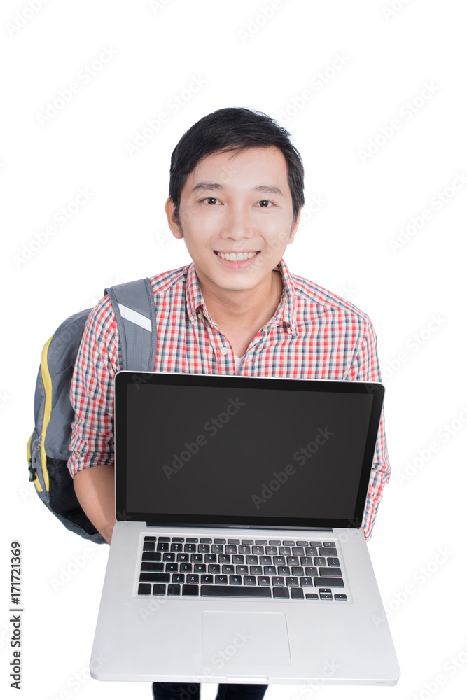 Portrait of young asian student holding and showing screen laptop