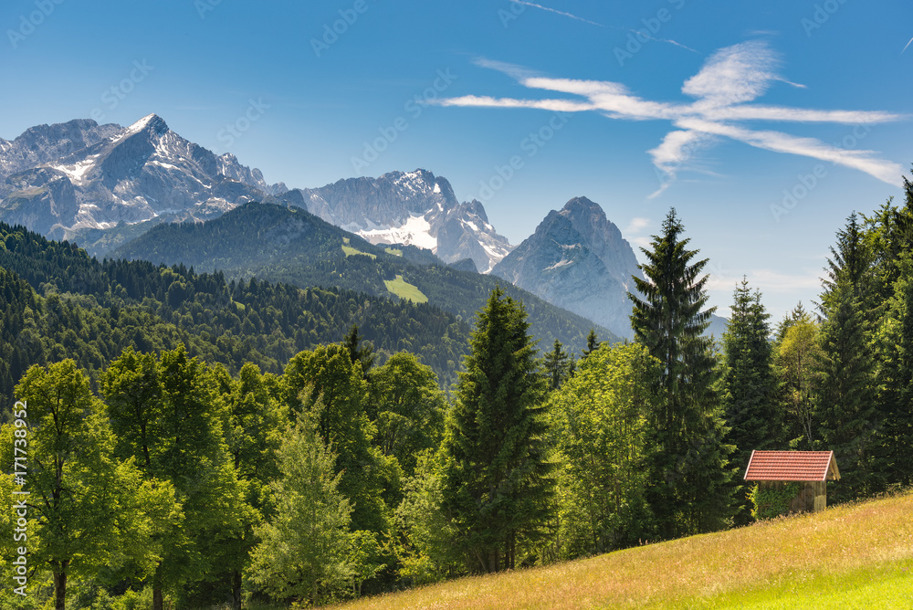 六月的Zugspitze和Alpspitze全景