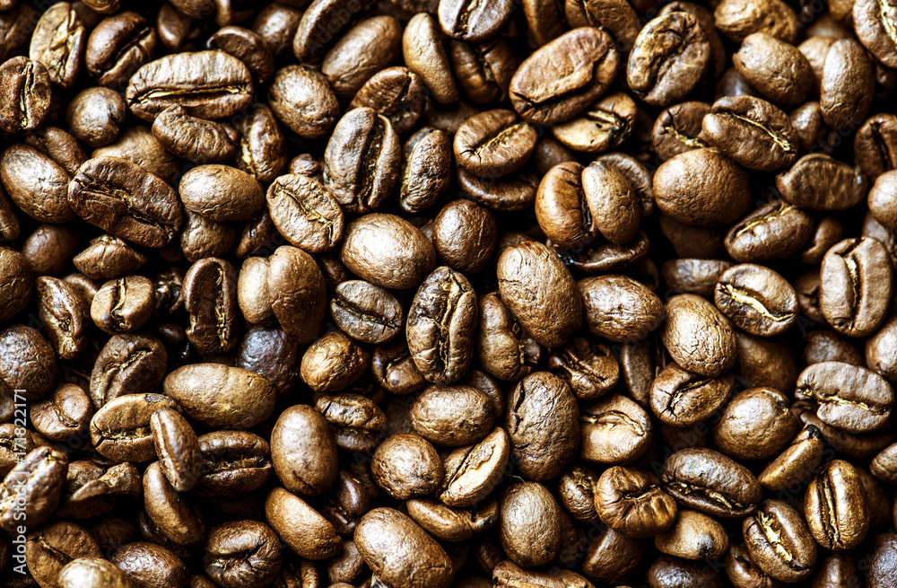 Closeup of roasted coffee beans macro