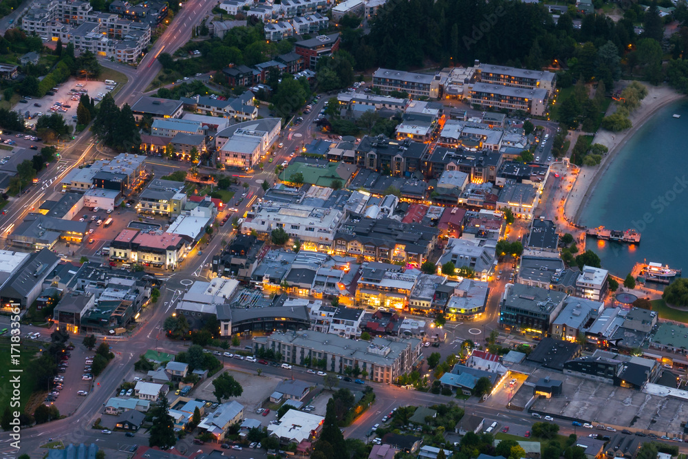 Houses in City center of Queenstown in Aerial View