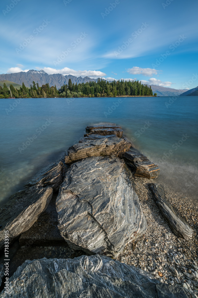 Beach of Lake Wakapitu in Queenstown, New Zealand