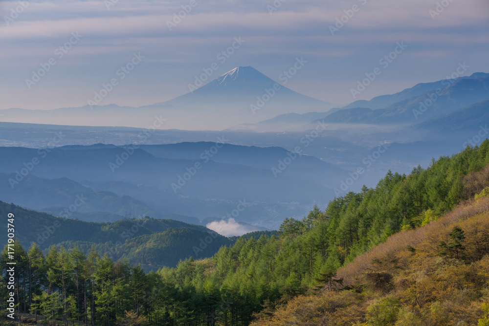 春天的富士山晨雾蒙蒙