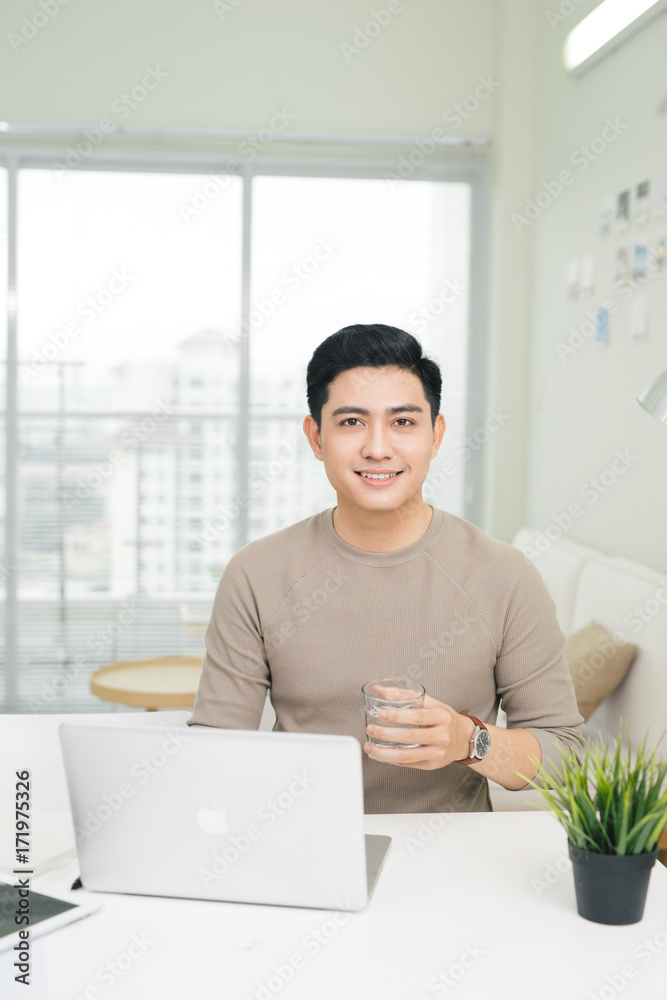 Portrait of a casual smiling young man using laptop at home