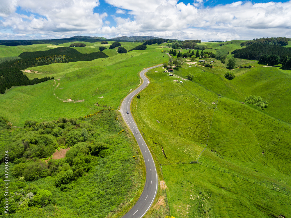 Road trip on rolling hill in Rotorua, New Zealand.