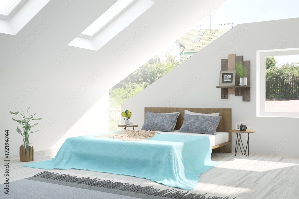 Inspiration of white minimalist  bedroom with summer landscape in window. Scandinavian interior desi