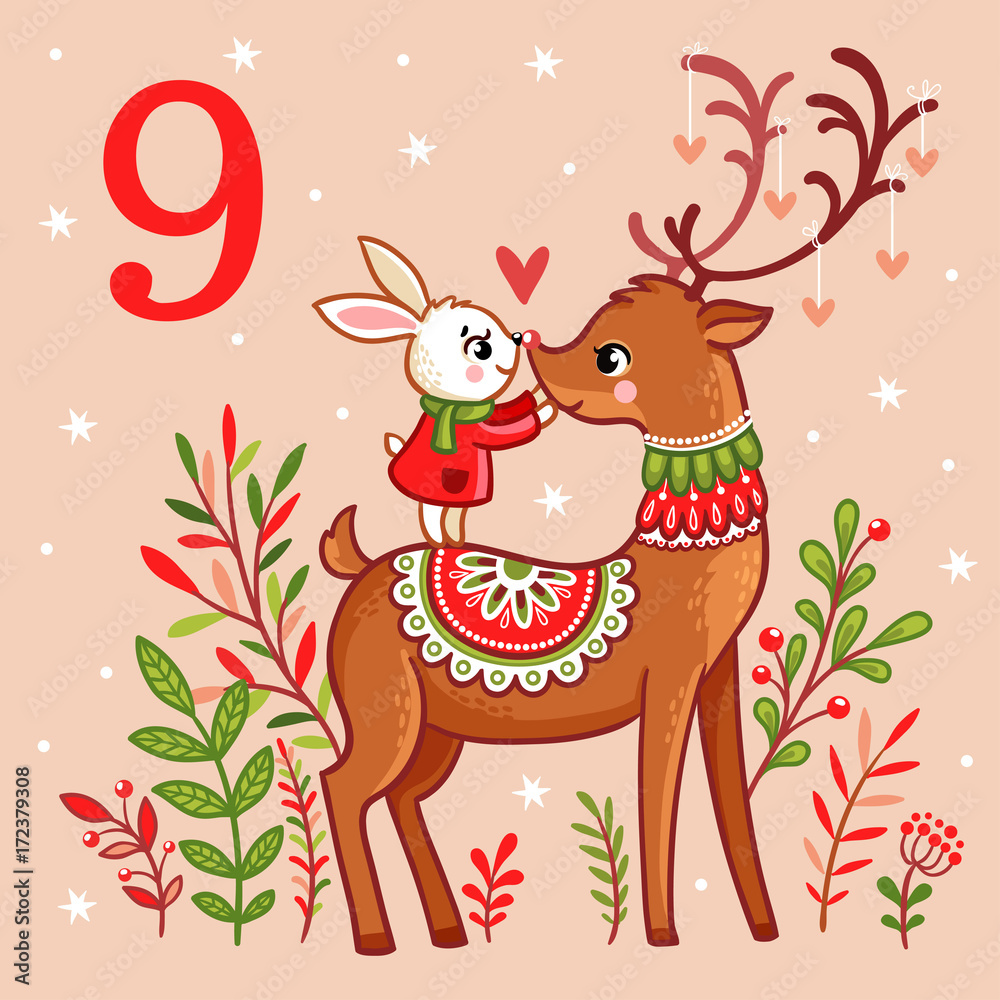 Vector Christmas advent calendar in childrens style. Cute bunny standing on Christmas reindeer. Illu