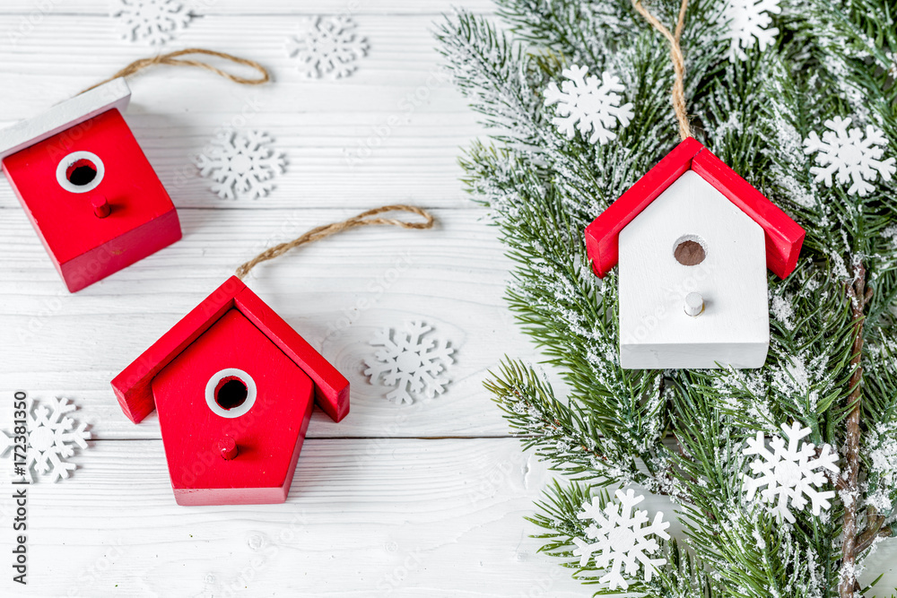 Christmas decorations New Year on wooden background top view