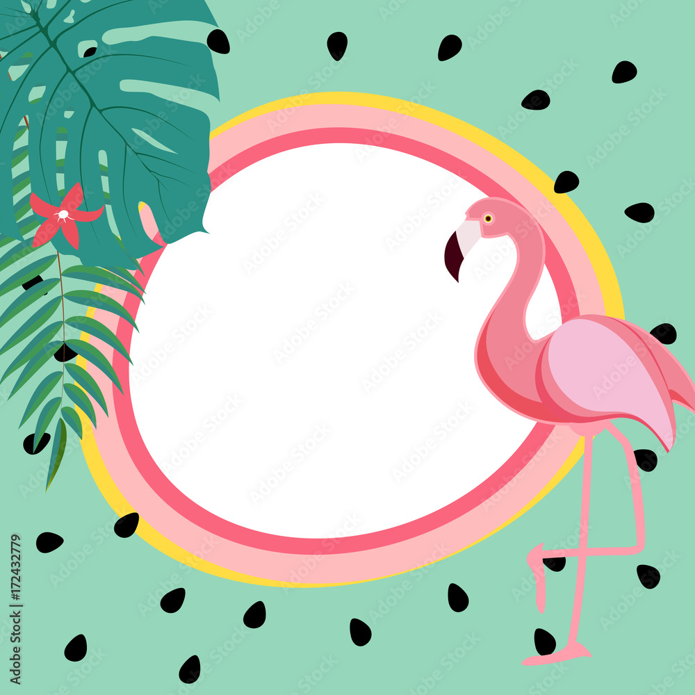 Cute Summer Abstract Frame Background with Pink Flamingo Vector Illustration