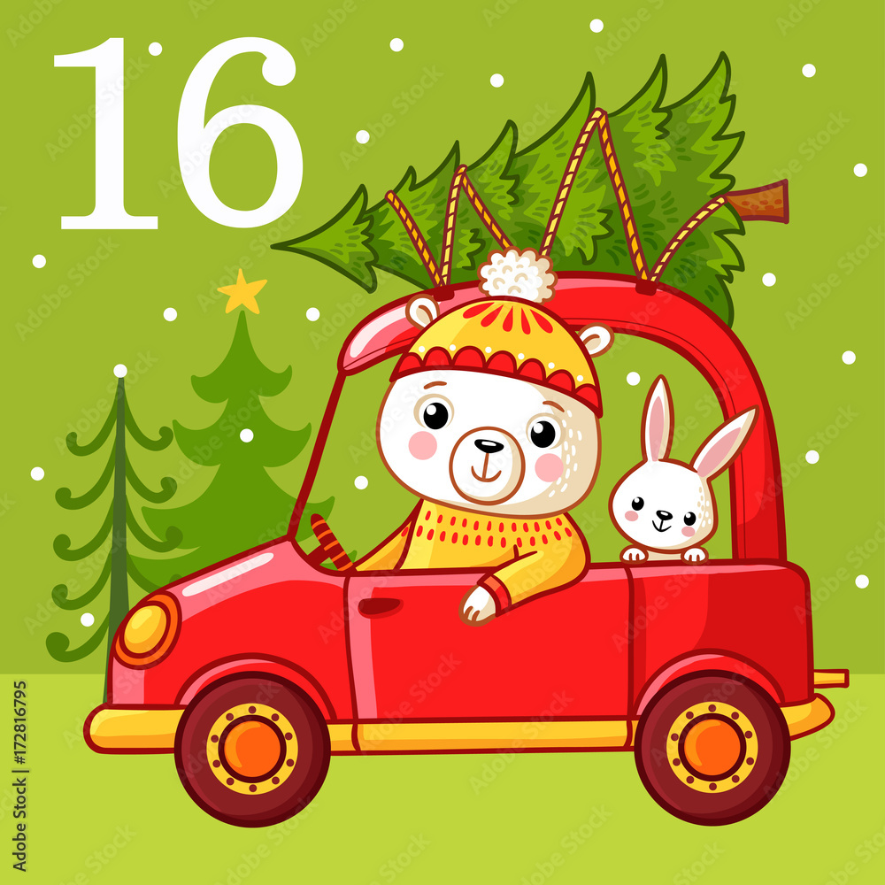 Christmas advent calendar in childrens style. Vector Illustration with cute rabbit, white bear, Chri