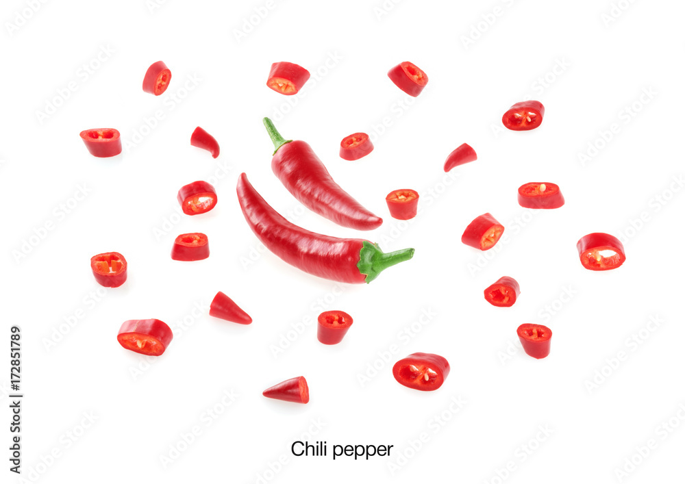 Chili pepper on white background top view