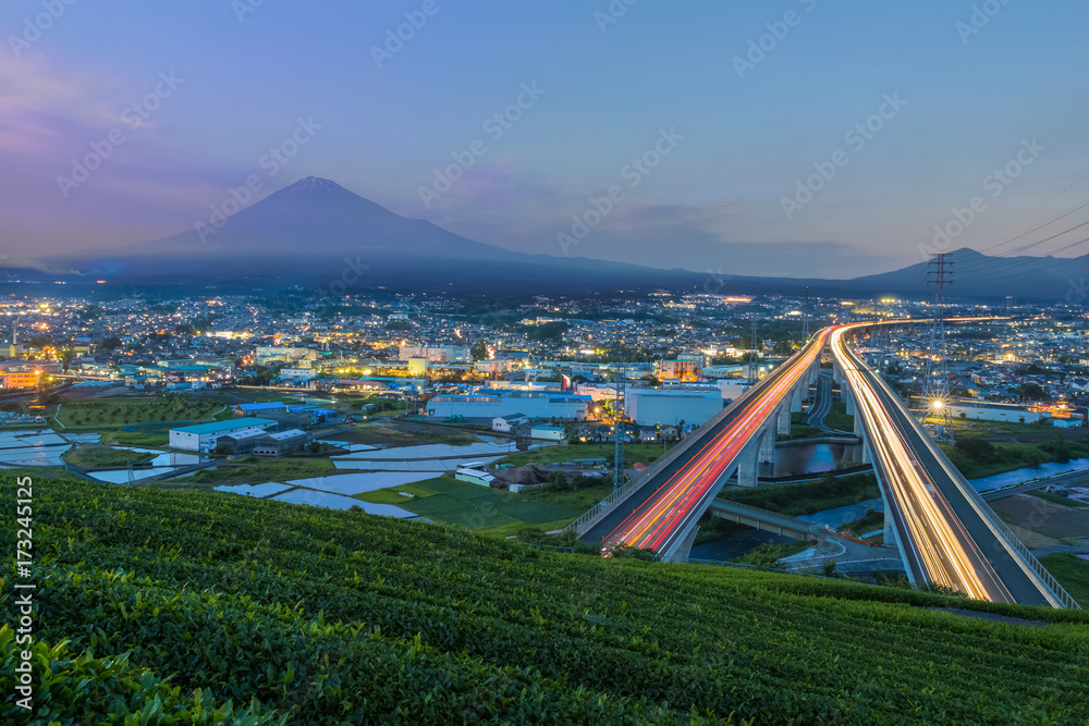 Shin Tomei expressway  and Mount Fuji in evening