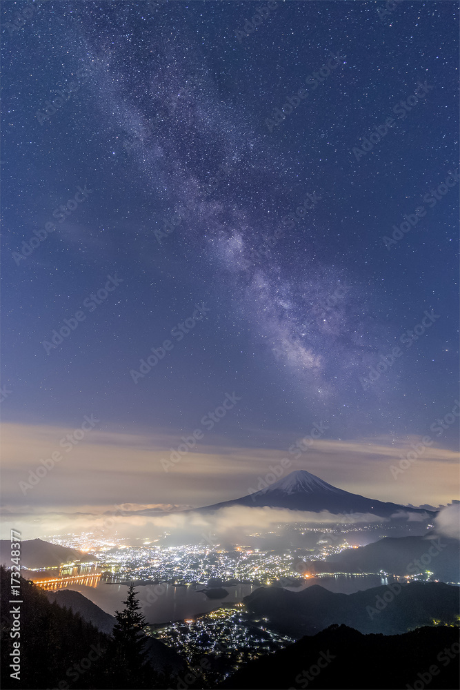 Mountain Fuji and Milkyway at Lake Kawaguchiko in spring season