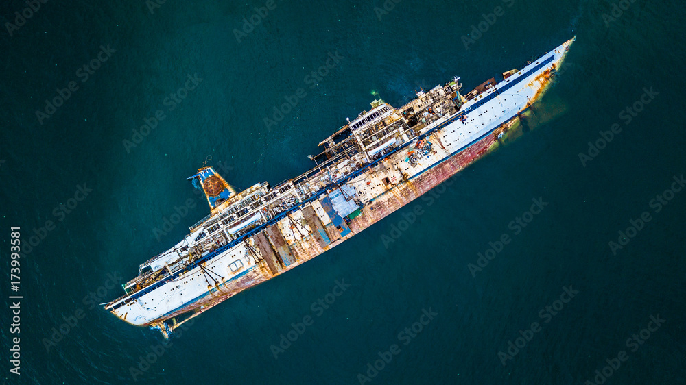 Aerial view of cruise ship shipwreck, Shipwreck cruise ship, Shipwrecked off the coast of Thailand.