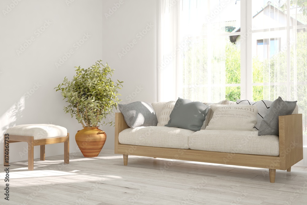 Idea of white minimalist room with sofa. Scandinavian interior design. 3D illustration