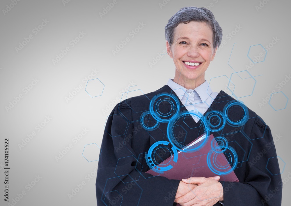 Female judge with book and blue interface against grey