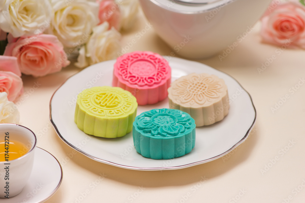 Asian, Japanian food, Traditional sweet dessert multicolored no bake snow skin mooncakes on white ma