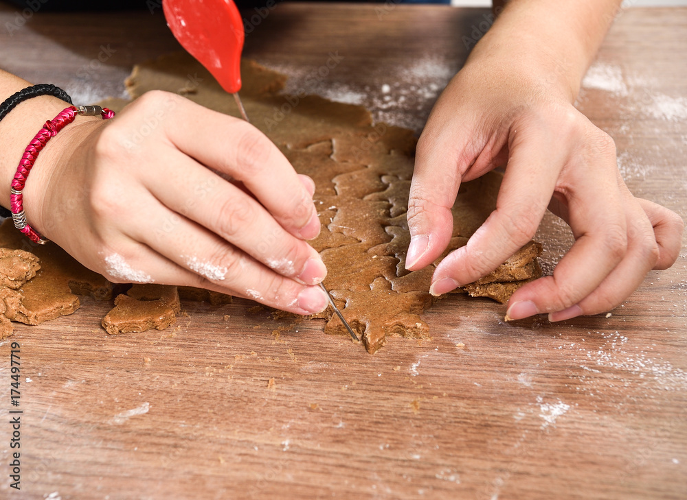 in the process of dealing with gingerbread start cookies,use 

star mold  cutting gingerbread doug