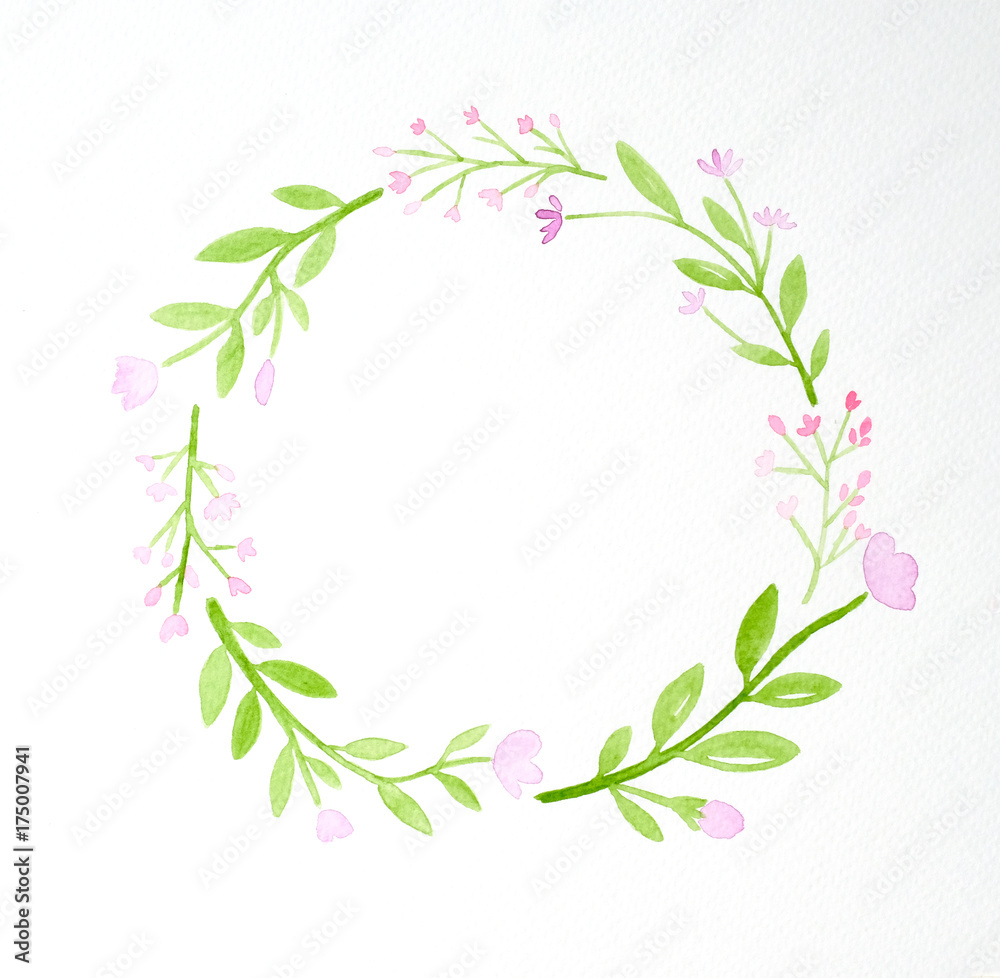 Hand drawing flowers in watercolor style on white paper background, flowers wreath with copy space f