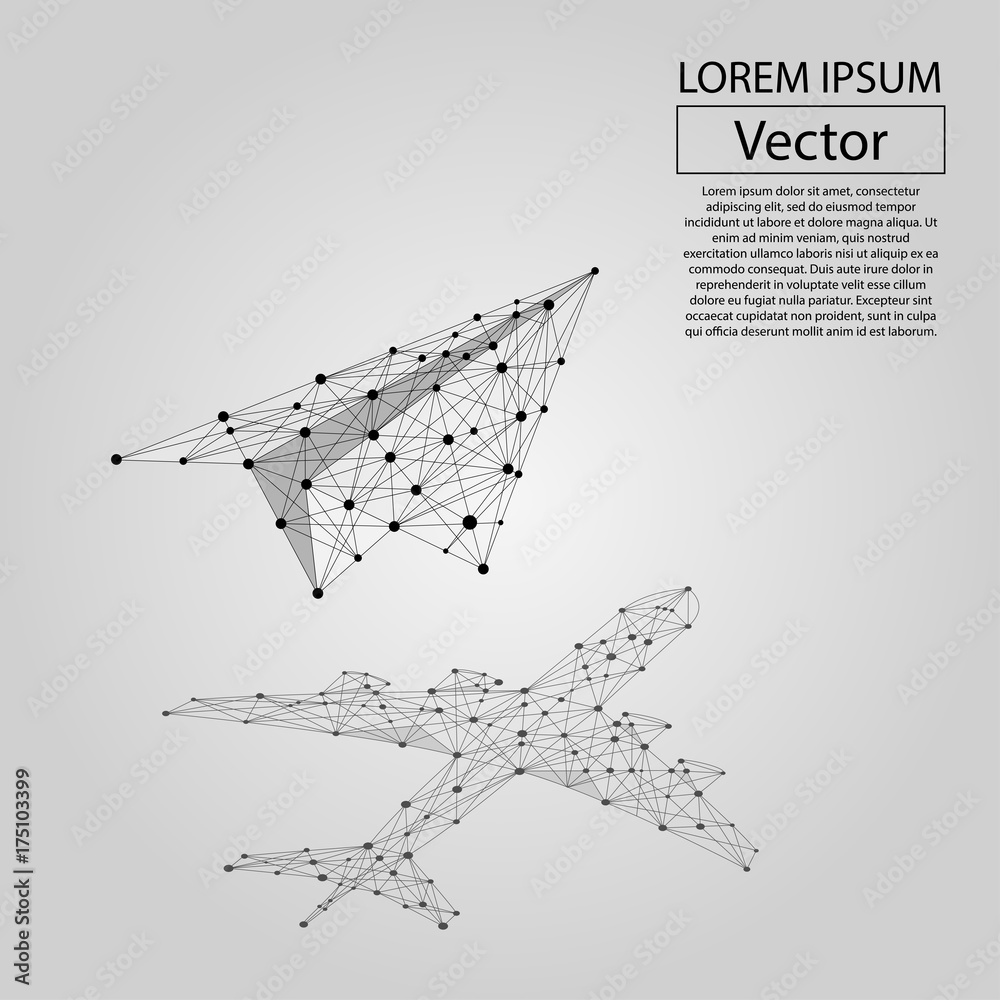 Abstract mash line and point origami plane with shadow in form of airliner. Vector business illustra