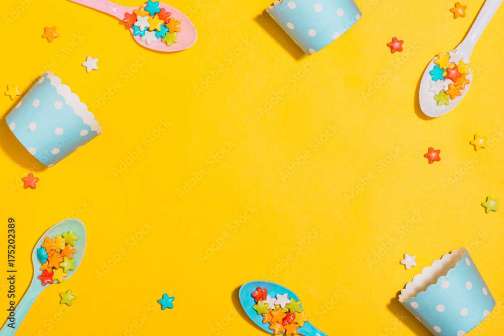 Birthday party background. Celebration concept. Flat lay.