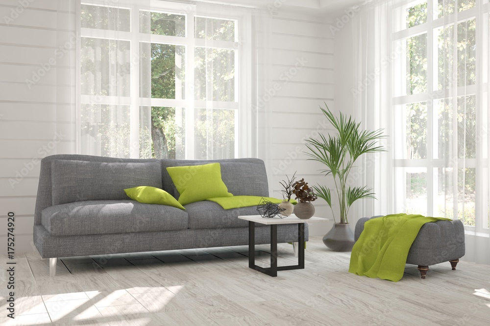 Idea of white room with sofa and summer landscape in window. Scandinavian interior design. 3D illust